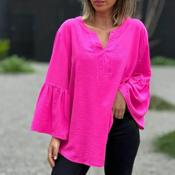 Women's Long Sleeve Pullover Solid Color Casual Comfort Round Neck with Ruffled Detail