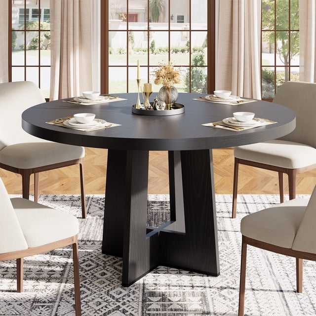BeesClover 47" Round Dining Table for 4-6 People - Circle Kitchen Dinner Table with Sturdy Pedestal Base, Space Saving Dinning Room Furniture for Living Room, Kitchen, Apartment