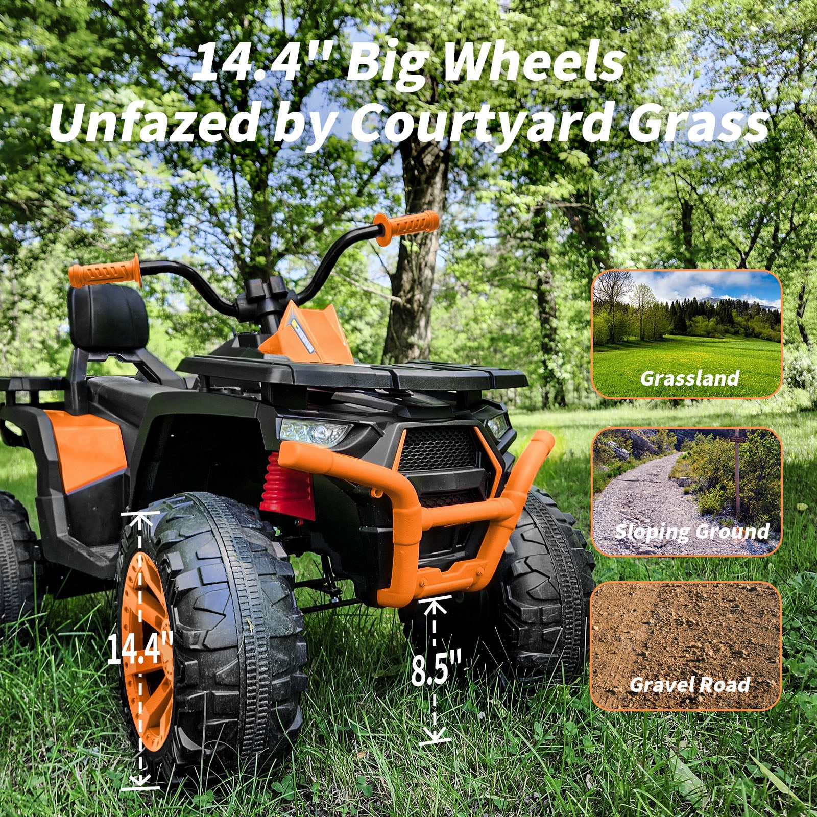Hikiddo 24V 4WD Kids ATV 4 Wheeler, 2-Seater Powered Ride on ATV Toy for Big Kids w/ Bluetooth, 4x200W Motor - Orange