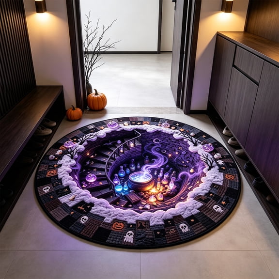 Sahpxhe Halloween Round Rug, 3D Illusion Witch Potion Cauldron Spiral Staircase Pattern Floor Mat for Indoor Home Party Decor