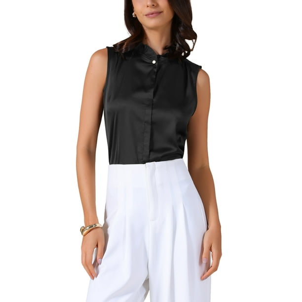 INSPIRAR CHIC Blusa de Satén para Mujer Elegante Sin Mangas con Pliegues Cuello Mock con Volantes Sólido Blusa de Trabajo Top de Seda Talla M Negro