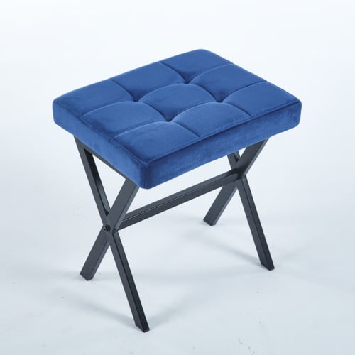 blue Velvet Stool with Tufted Seat & X-Metal Legs, Small Shoe Bench, Ottoman Stool for Entryway, Bedroom, Living Room