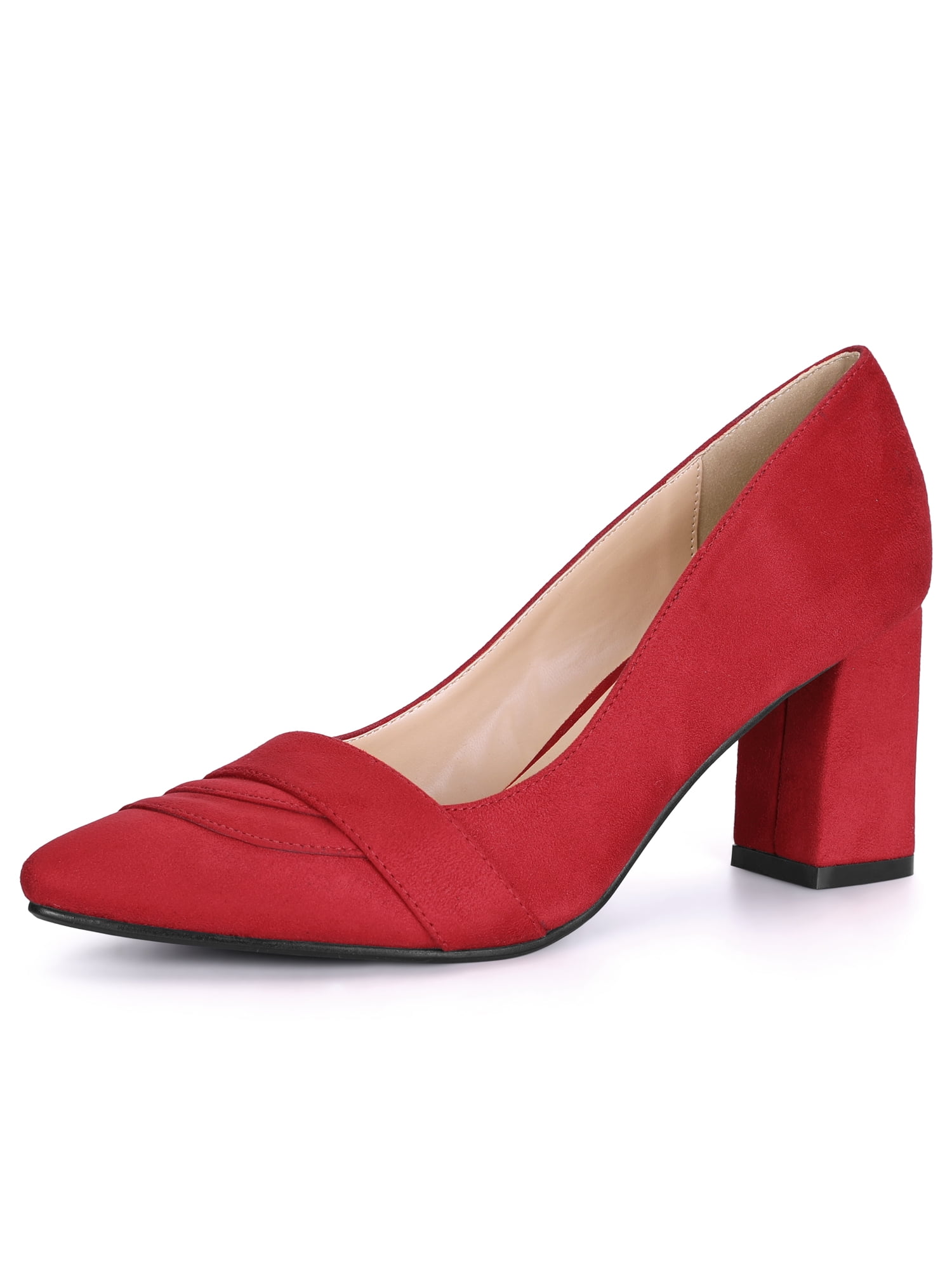red chunky heel pumps