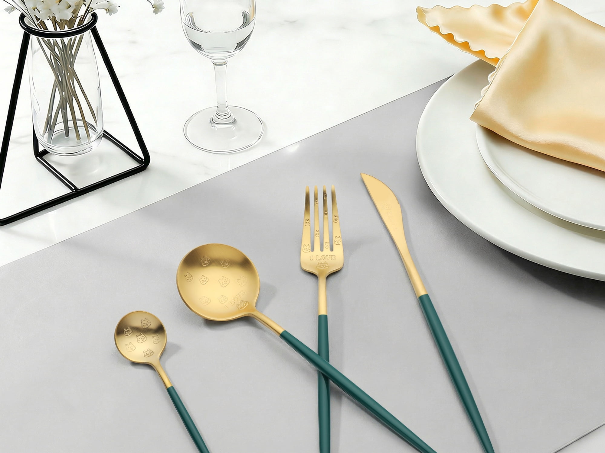 Unique Bargains 4 Piece Stainless Steel Floral Flatware Modern Cutlery Set Green 4