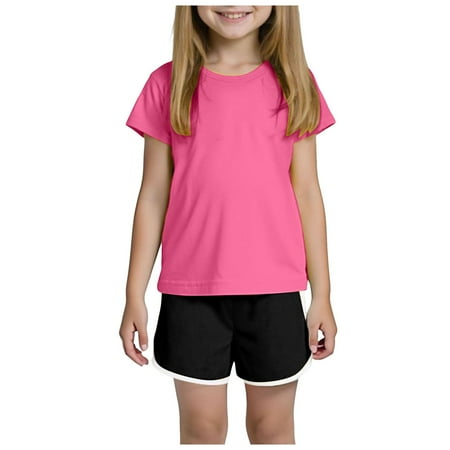 PEASKJP Summer Clothes for Girls Outfits Toddler Baby Girl Summer Outfit Bow Embroidery Short Sleeve T-Shirt Plaid Ruffle Shorts Set Little Girls Clothes Hot Pink 3-4 Years