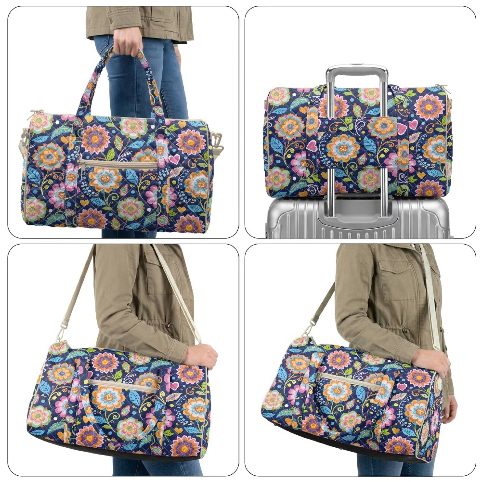 Pzuqiu Floral Quilted Weekender Bag for Women Large Puffer Duffle Bag, Lightweight Travel Carry On Tote Overnight Gym Bags with Luggage Sleeve for Travel, Work, Beach