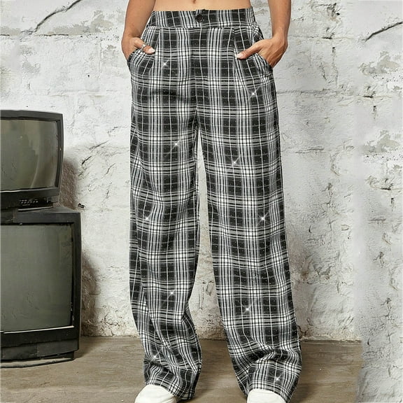 qolati Women's Fall Wide Leg Pants 2024 Fashion Plaid Print High Waist Straight Leg Palazzo Lounge Trousers Y2k Clothing Casual Loose Fit Cargo Sweatpants Clearance