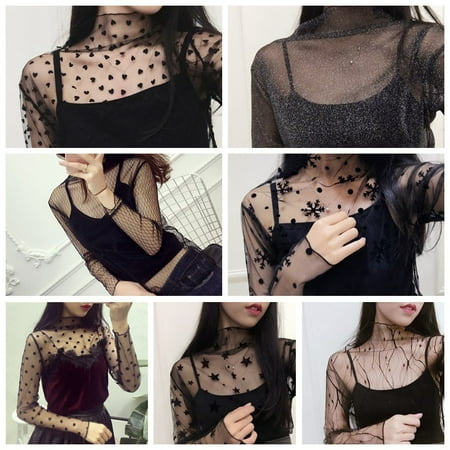 Chic Mesh - Trends Mesh Women Long Sleeve Tops Hot Sexy Transparent High Neck Black Lace Bottoming Shirts Punk Chic T Shirt Women