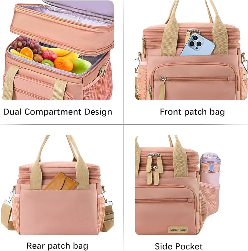 Insulated Lunch Bag for Women/Men 16L Lunch Bag, Expandable Cooler Bag, Reusable Adult Lunch Box, Leak Proof Lunch Tote with Adjustable Shoulder Strap, Suitable for Work, Travel (Purple)