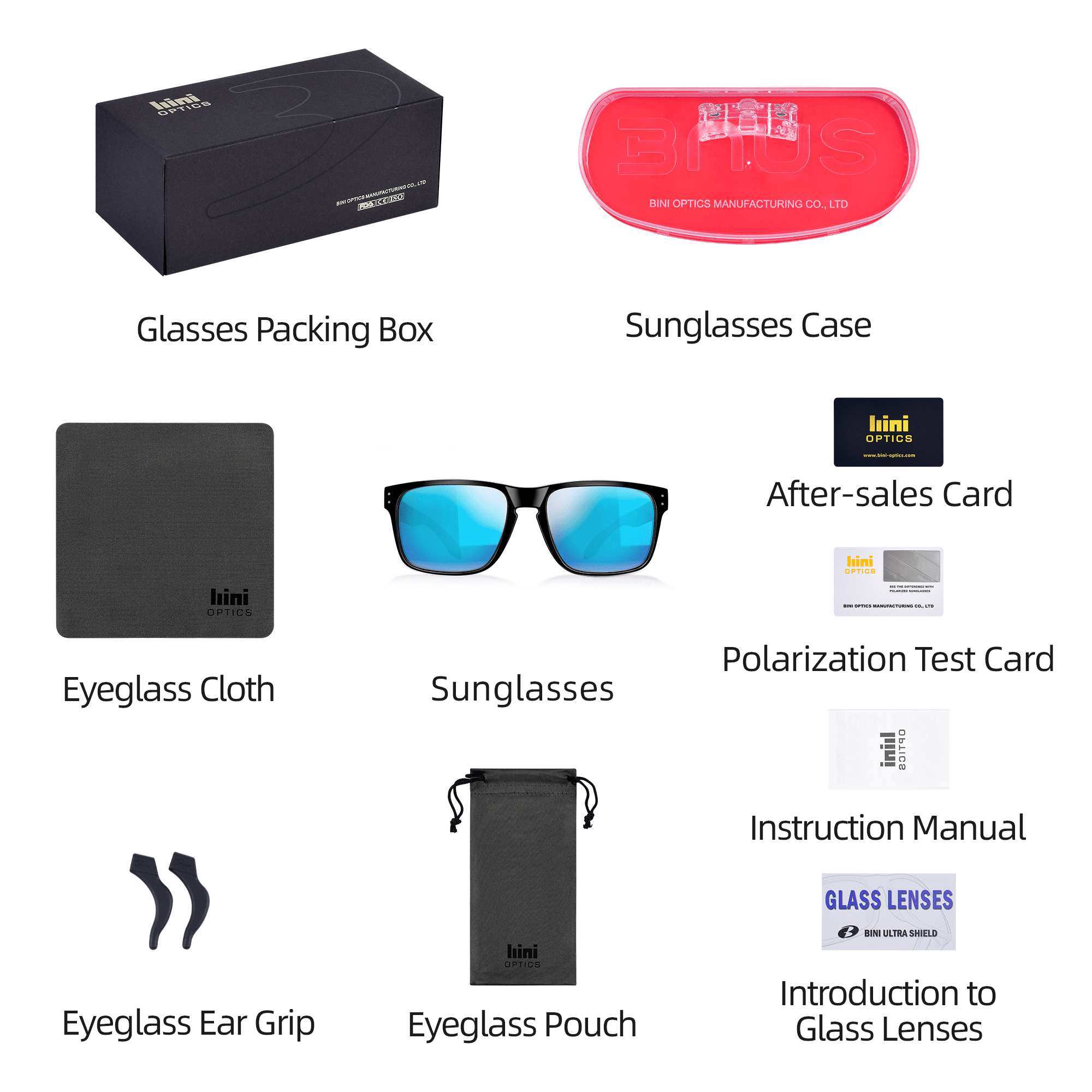 B.N.U.S Corning Glass Lens Sunglasses Polarized Men Women Wrap-around Black Frame Green Mirrored