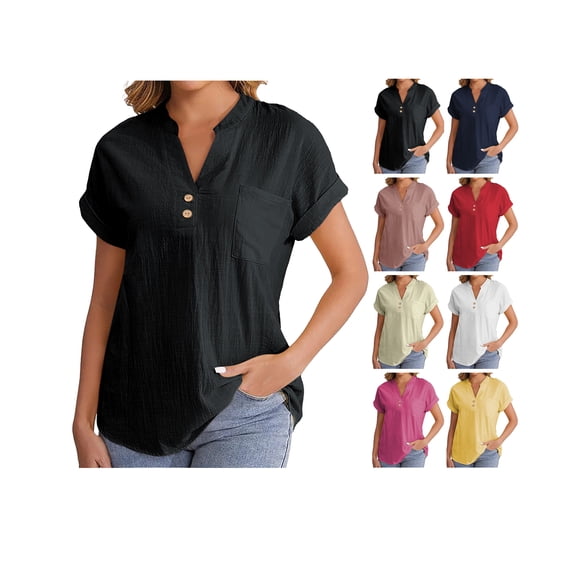 Tops for Women Cotton Linen Casual Short Sleeve V Neck Top Loose Fit Lightweight Blouse Summer Beach Outfits