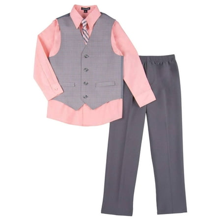 Boys 4 Piece Suit Peach & Gray Dress Up Outfit Holiday Shirt Tie Pants & Vest