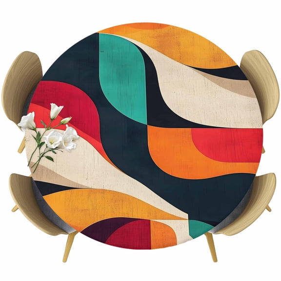 Retro Geometric Round Tablecloth 36-44 Inch Round Fitted Table Cloth with Elastic Edge, Modern Minimalist Abstract Art Waterproof Table Cover Protector for Outdoor Picnic Party Dining