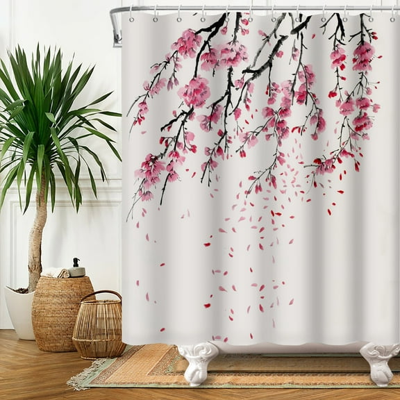 SUNOLIFE Spring Floral Shower Curtain Cherry Blossom Waterproof Fabric Bathroom Curtain Set 72x72 in