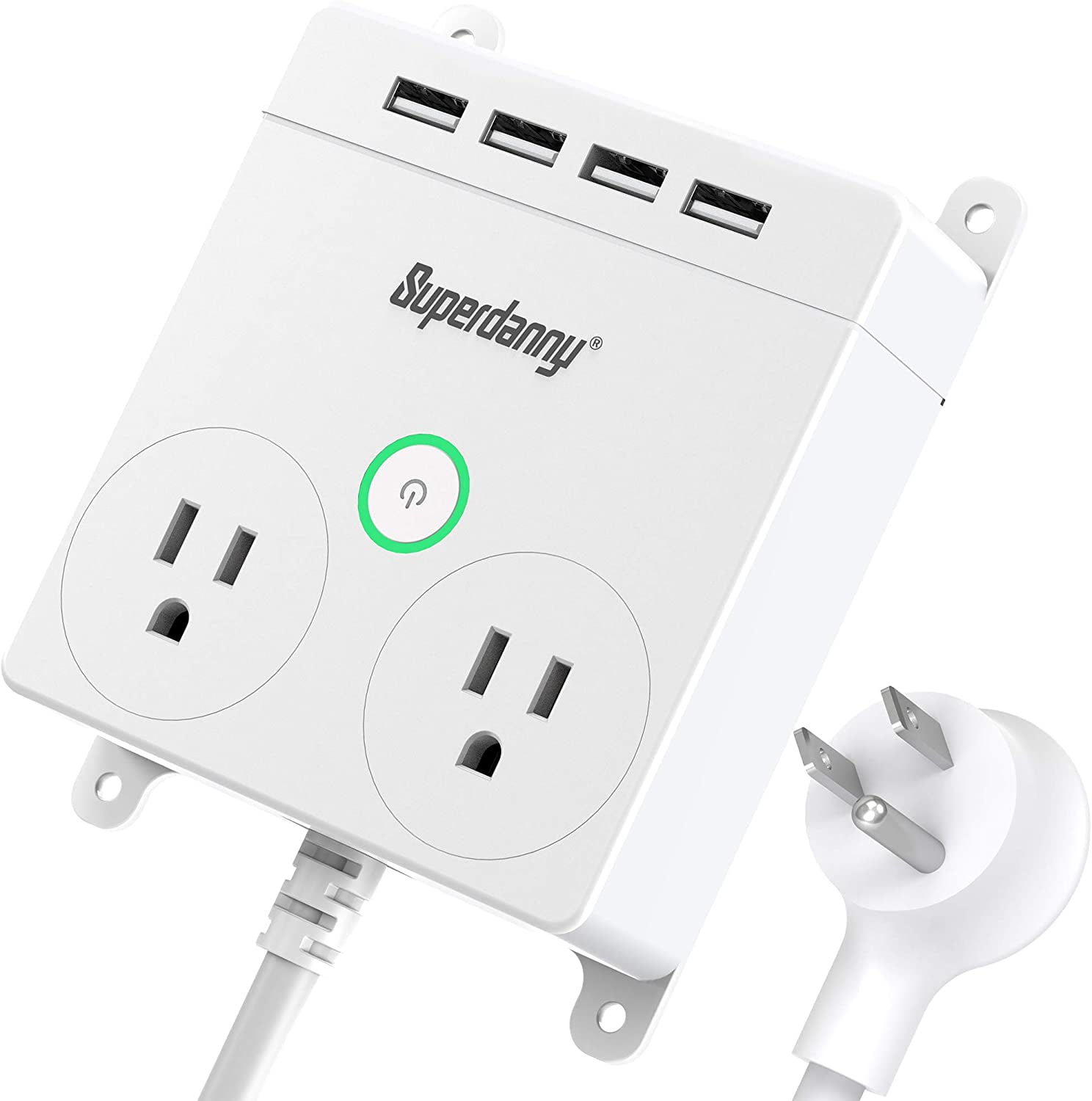 SUPERDANNY Power Bar with USB, 2 Widely Spaced Outlets & 4 USB Ports