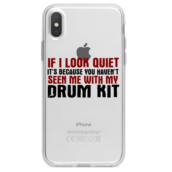 DistinctInk Clear Shockproof Hybrid Case for iPhone XR (6.1" Screen) - TPU Bumper Acrylic Back Tempered Glass Screen Protector - If I Look Quiet, You Haven't Seen My Drum Kit