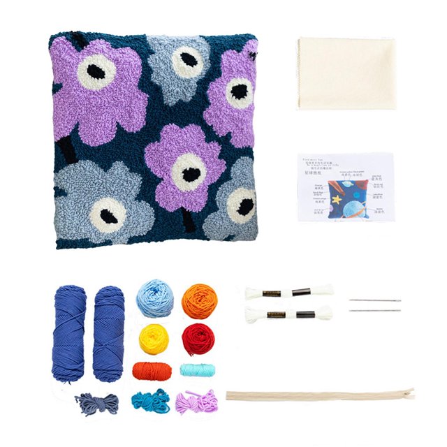 Xingzhi Throw Pillow Cover Kit Printed Rug Set Punch Needle Blue Purple Flower