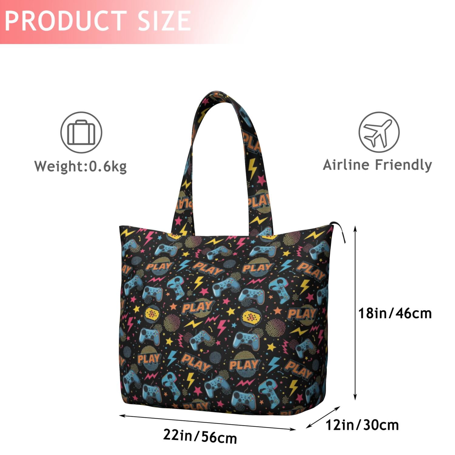 Colorful Controllers Games Shapes Black Pattern Travel Tote Bags for Women Carry On,Large Weekender Bags for Women Travel,Multi Functional Duffle Bag for Work,Shopping,Sports