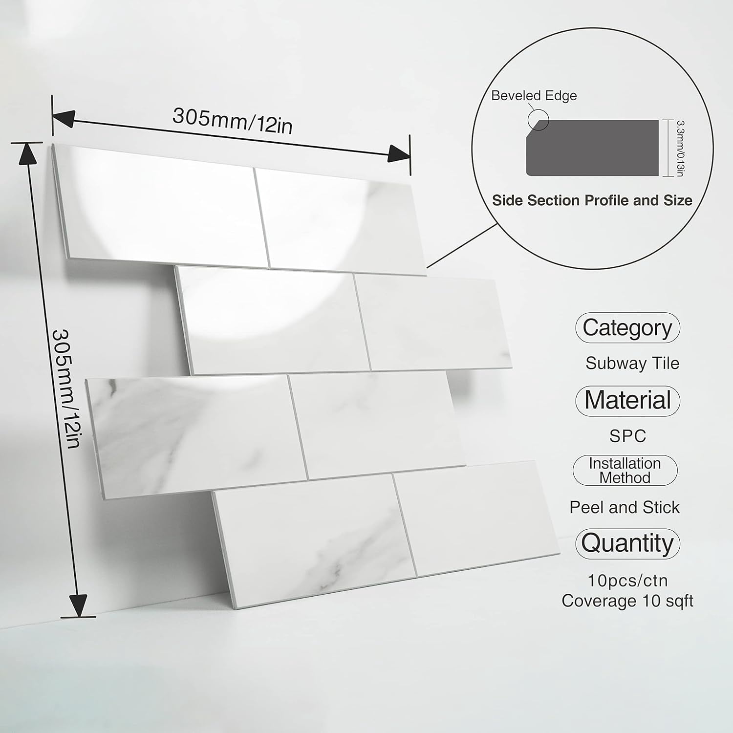 Luxury 10-Sheet Peel and Stick Backsplash,Self Adhesive Faux Stone 12”x12” White Subway Tile for Kitchen,Glossy Waterproof Carrara Brick Marble Look,Stick on Accent Wall for Bathroom,Bedroom
