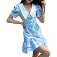 thumbnail image 3 of Vintage Dress for Women 1950s Pastoral Style Cocktail Dresses Lapel Puff Sleeve Back Tie Mini Dress Blue L, 3 of 10
