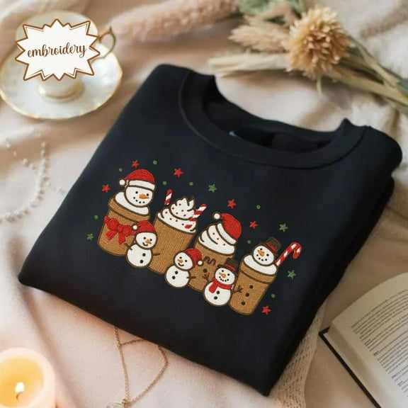 Snowman Christmas Coffee Embroidered Shirt, Holiday Latte Embroidery Tee, Women Xmas Stitch Top, Coffee Lover Gift Embroidered T-Shirt