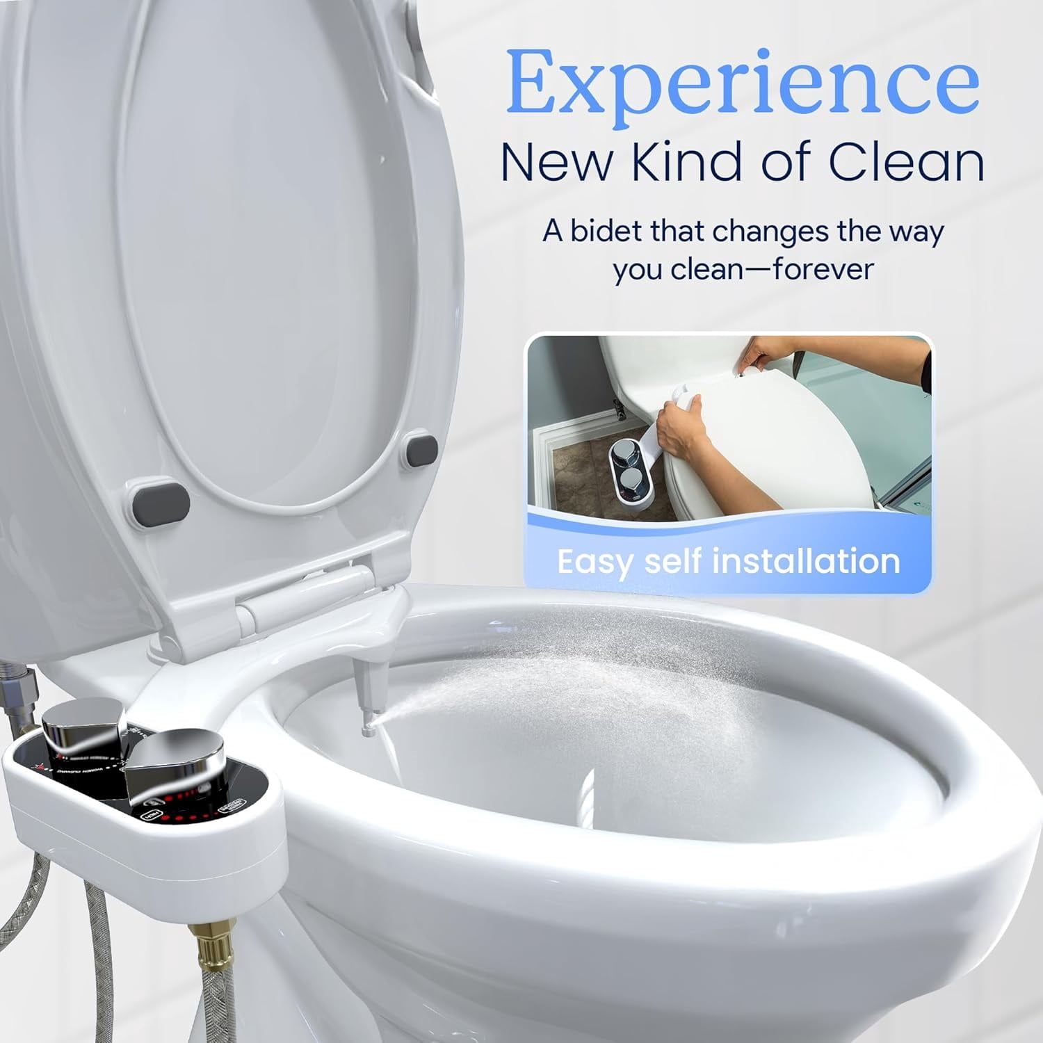 Bidet Attachment for Toilet Seat - Non-Electric, Self-Cleaning Dual Nozzle, Adjustable Water Pressure, Rear & Feminine Wash Hygienic Bathroom Upgrades - Fits Elongated Toilets (2 Pack)