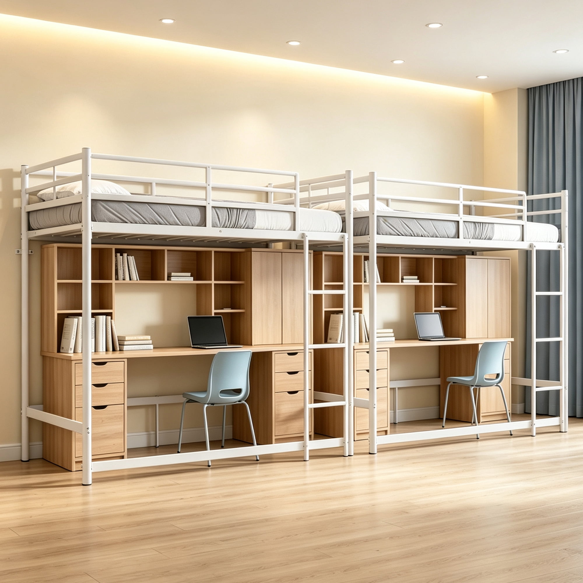 Leumius Low Loft Bed Twin Size,Metal Bunk Bed with Guardrail and 3-Step Ladder,Space Saving,White
