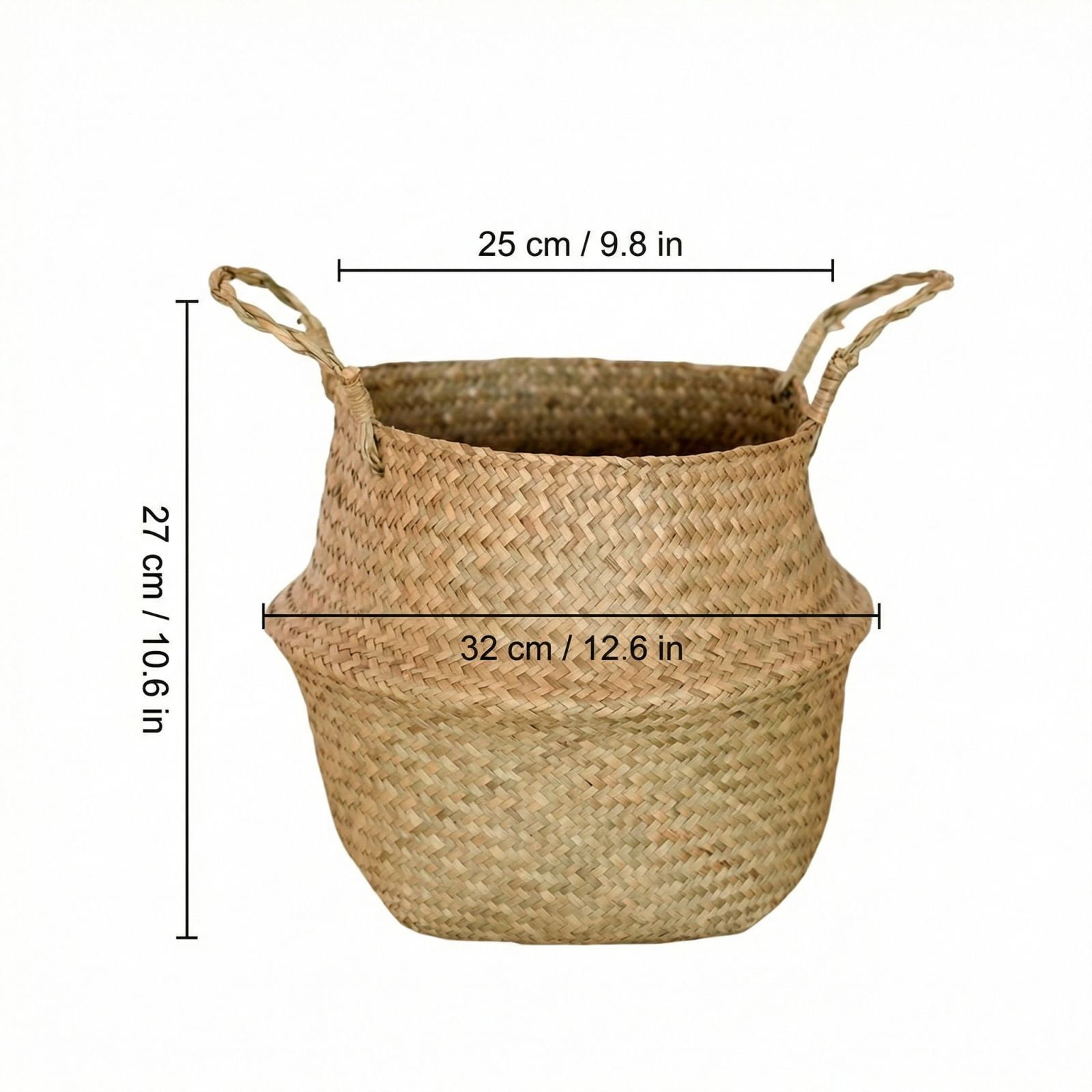 KUNPENG 13" Hand-Woven Seagrass Belly Basket - Large 32cm Natural Wicker Plant Pot Cover, Foldable Storage Basket with Handles for Laundry, Blankets & Boho Home Decor