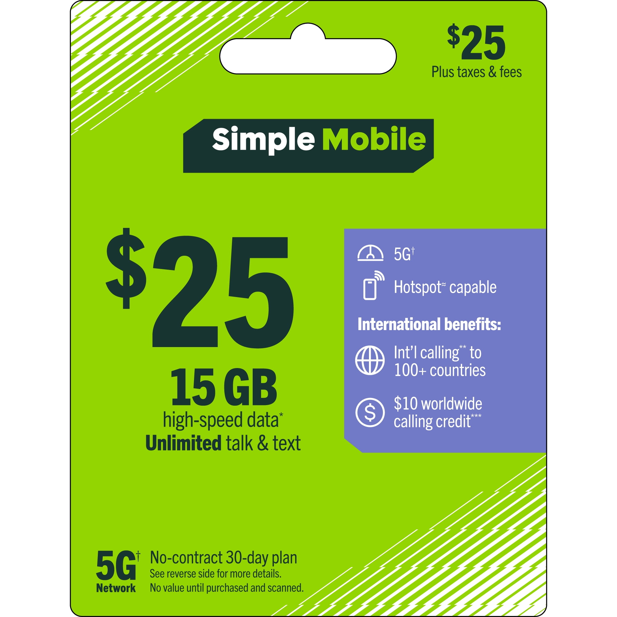 Simple Mobile $25 Unlimited Talk & Text 30-Day Prepaid Plan (15GB at high speeds) + International Calling Credit Direct Top Up