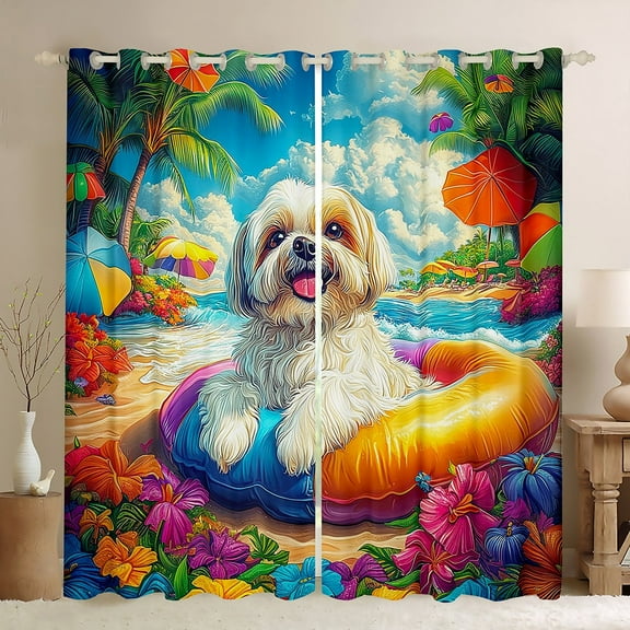 Erosebridal Animal Dog Curtains for Living Room,Tropical Flower 30%-50% Blackout Curtains Set of 2 (38x45),Ocean Beach Curtains and Drapes (38x45),Teenager Bedroom Decor