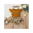 thumbnail image 3 of Seyurigaoka 3Pcs Baby Suit Set, Solid Color O-Neck Flay Sleeve Romper+ Floral Print Shorts+ Headband for Girls, 0-24 Months, 3 of 9