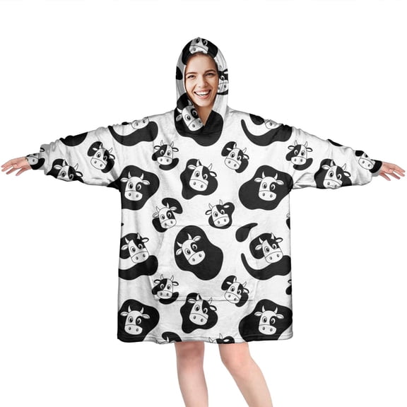 Wearable Oversized Blanket,Black White Cow Pattern Wearable Blanket Hoodie for Adults,Cozy Hooded Blankets with Super Pockets,Super Warm Fuzzy Pullover for Women & Men