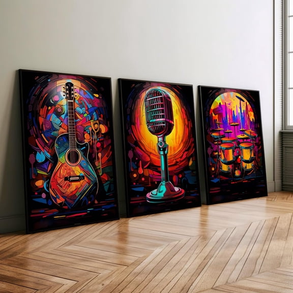 Luvia Music Lovers Room Colorful Wall Art Set Of 3 Or, Neon Colored Music Room Poster, Neon Colored Musical,Nstruments Wall Decorations, Modern Wall Decor Set 3 Prints 8x12 UNFRAMED