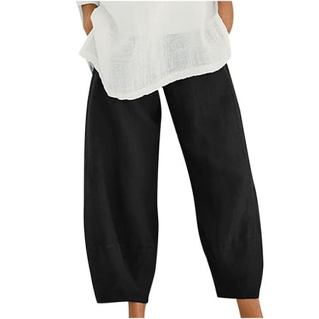 

YanHoo Women s Baggy Capris Linen Loose Wide Leg Elastic Waist Trouser Solid Summer Casual Pants with Pockets