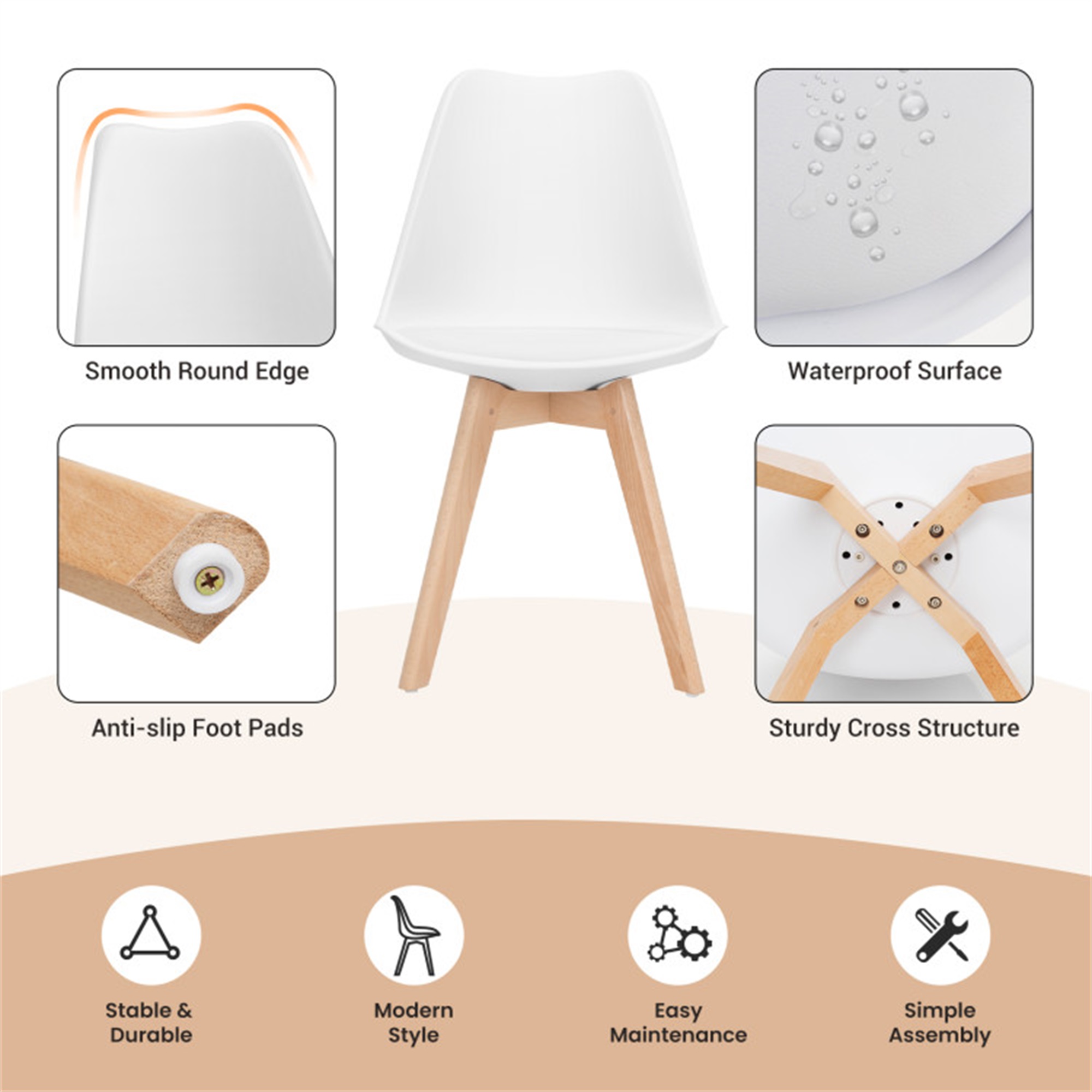 Demi Bonn Set of 4 Dining Chairs Mid-Century Modern Shell PU Seat with Wooden Legs, White