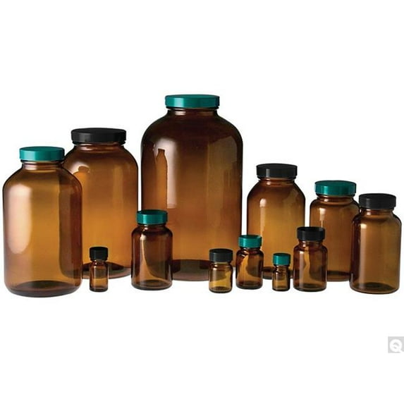 1 oz Amber Wide Mouth Packer Bottles with 28-400 Green Thermoset F217 & PTFE Lined Cap - Pack of 432