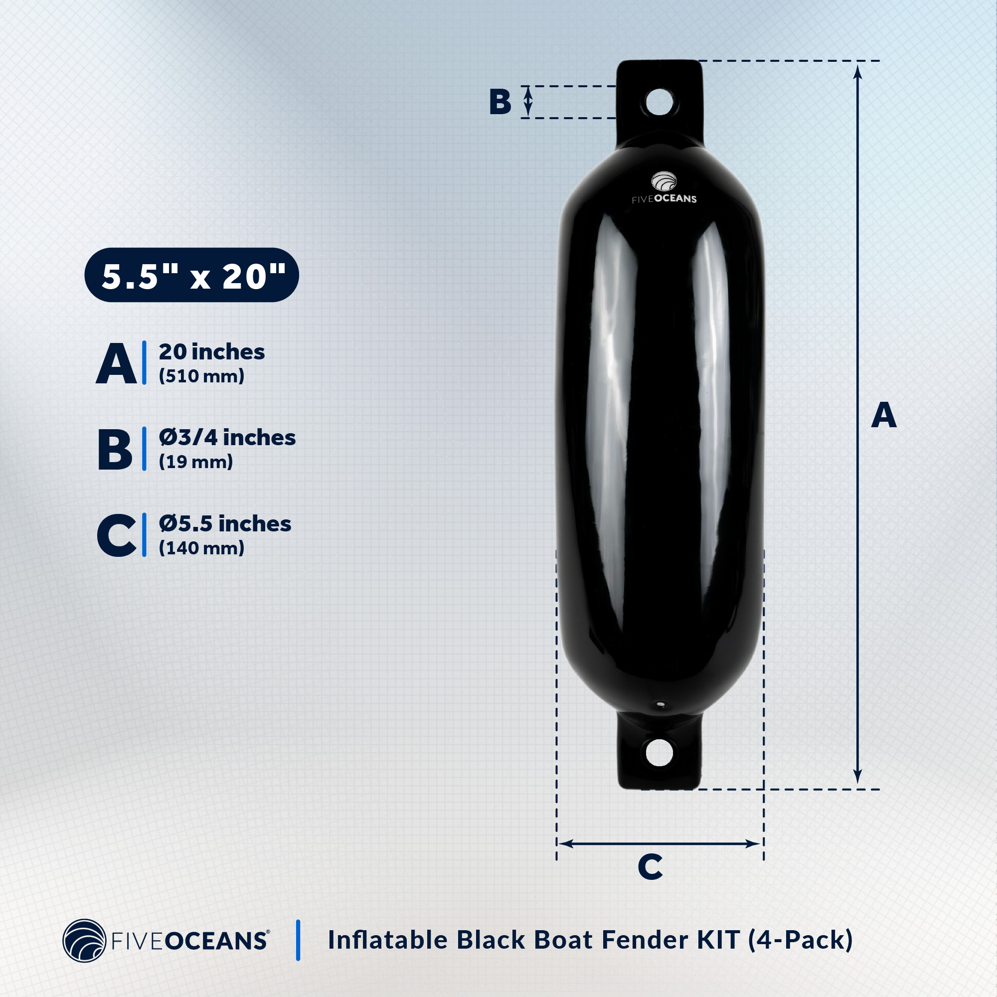 4-Pack Inflatable Ribbed Boat Fenders - 5.5 X 20 Inch Black Bumpers For Docking