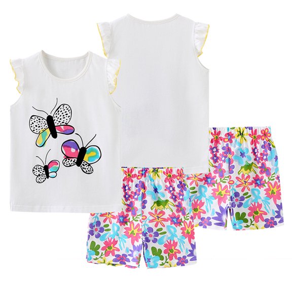 WOLLED Toddler Baby Girls Cartoon Shorts Set Kids Summer Sleeveless Cotton T-Shirt Tops floral Shorts Pants for 2-7T