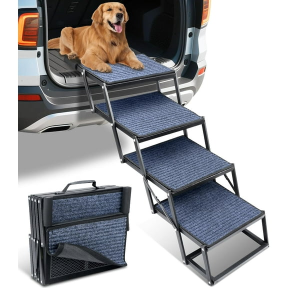 Dog Stairs for Car, 42''x 17'' Extra Wide Dog Stairs for Large Dogs to 250 LBS, Portable Dog Steps with Removable Non-Slip Surface, 4 Steps Foldable Dog Ramp for Car, SUV, High Bed/Couch