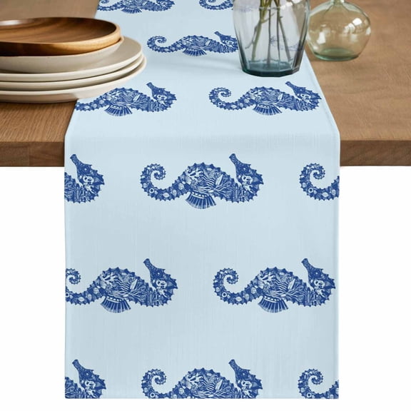 Navy Blue Seahorse Table Runner 72 Inches, Summer Ocean Nautical Coastal Textured Bed Runner Dresser Scarves Tabletop for Indoor Outdoor Parties/Ceremony/Banquet, 18" x 72"