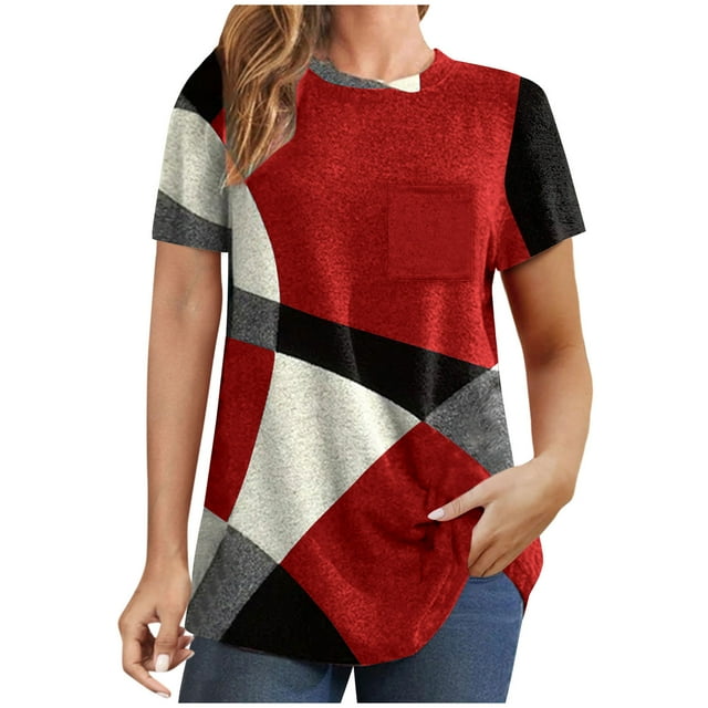 Diufon Hauts Grande Taille pour Femmes Printemps Été Manches Courtes Col Rond Chandail Décontracté Imprimé Blouses Amples
