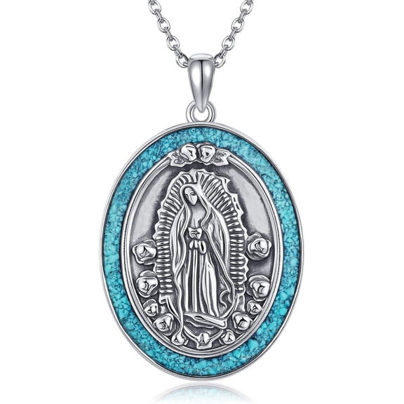 Virgin Mary Necklace 925 Sterling Silver Turquoise Virgen De Guadalupe Pendant Necklace Virgencita Jewelry Thanksgiving Day Gifts for Women