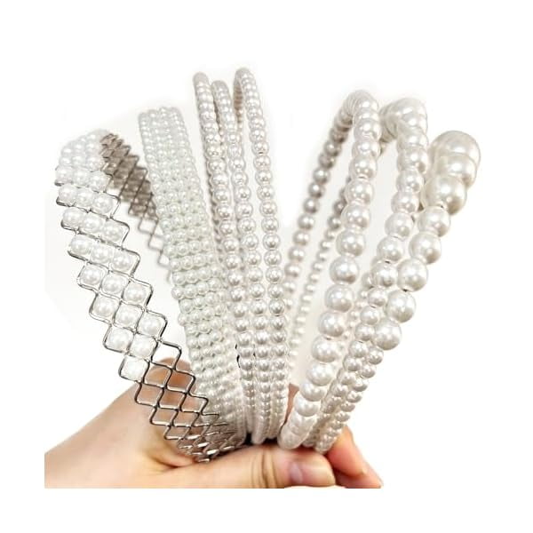wonima11 Pearl Headbands for Women, White Faux Pearl Hair Accessories, Dainty Bling Hairbands, 6 Pack, Perfect for Wedding Events