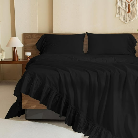 4 Piece Corner Ruffle Sheet Set, 6" Inch Corner Ruffle On Flat Sheet And Pillowcases, 8 Inch Deep Pocket, 100% Egyptian Cotton, 800 TC, Full Size, Solid Black