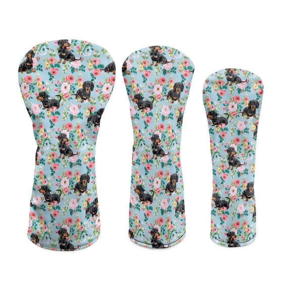 Uorisanigo Golf Club Head Covers Soft PU Leather Flower Dachshund Golf Driver Fairway Wood Hybrid Headcover Head Cover, 3 Pack Essential Accessories, Stain-Resistant