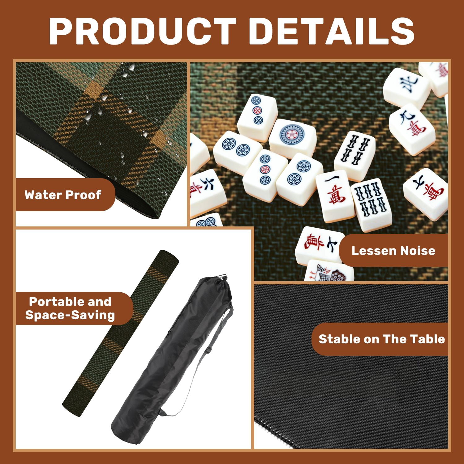 Mahjong Mat 31.5" x 31.5" Plaid brown green Herringbone seamless tartan Non-Slip Noise Reduction American Mahjong Tiles Table Cover for Dominoes Poker Card Board Games Gift