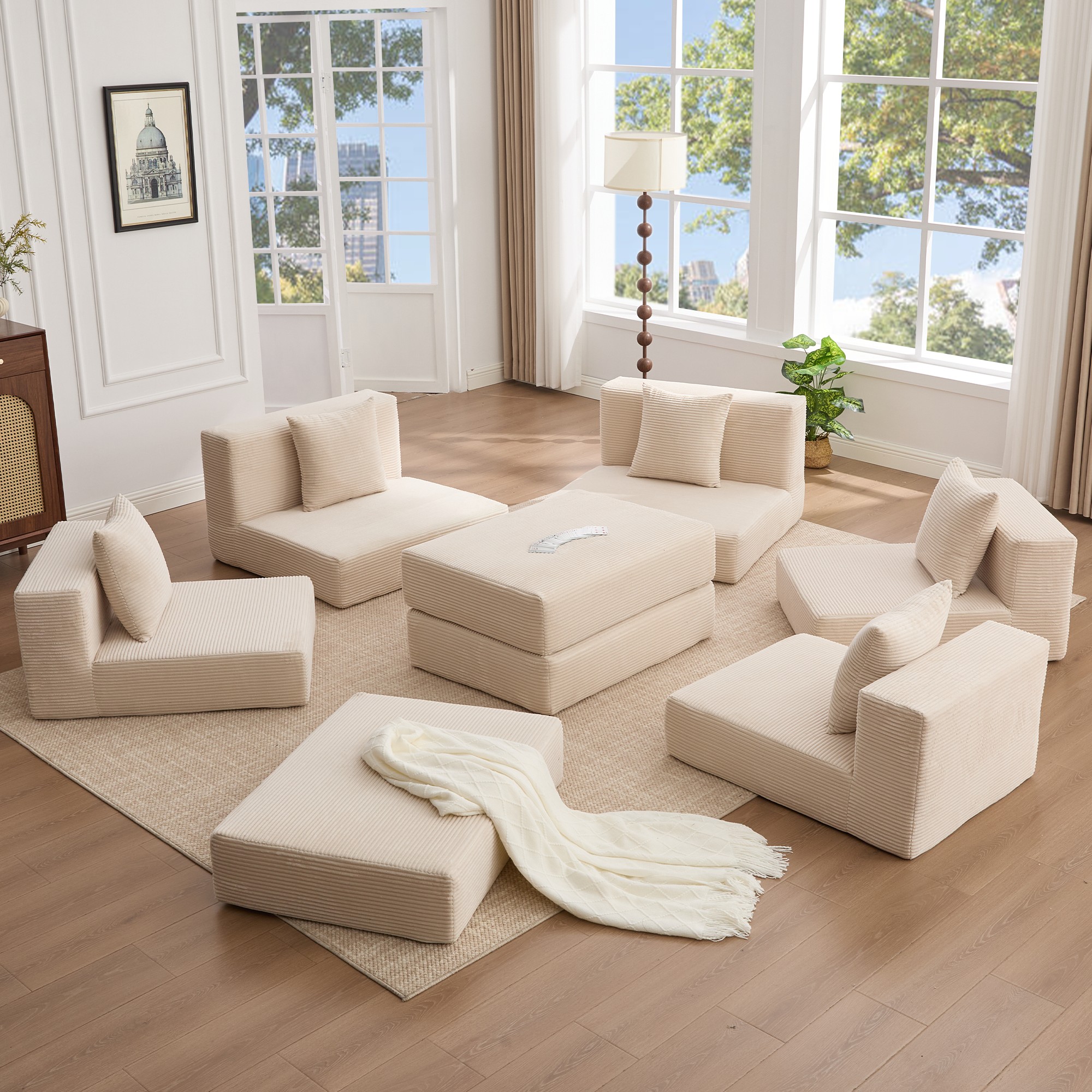 Leumius Convertible Sectional Sofa,Corner Couch,Convertible Floor Sleeper Sofa,10-in-1 Corduroy Modular Sofa,Free Combination Sofa,No Assembly,6 Pillows,Beige
