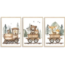 3Pcs Woodland Animal Nursery Canvas Wall art Forest Wildlife Train Adventure Drawing Picture Wall Decor Fox Bear Deer Rabbit Owl Poster Printings for Boys Girls Room Home (only canvas)