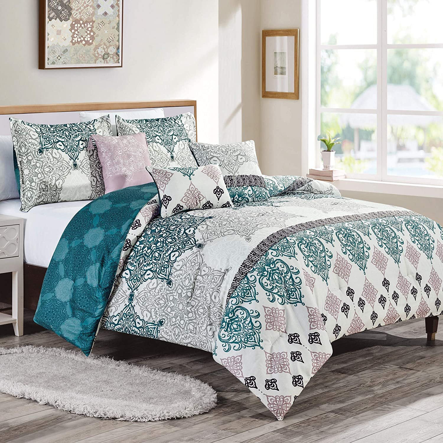 6 Piece Comforter Set Damask Pattern Cotton Bedding Bedroom Linen King Size New