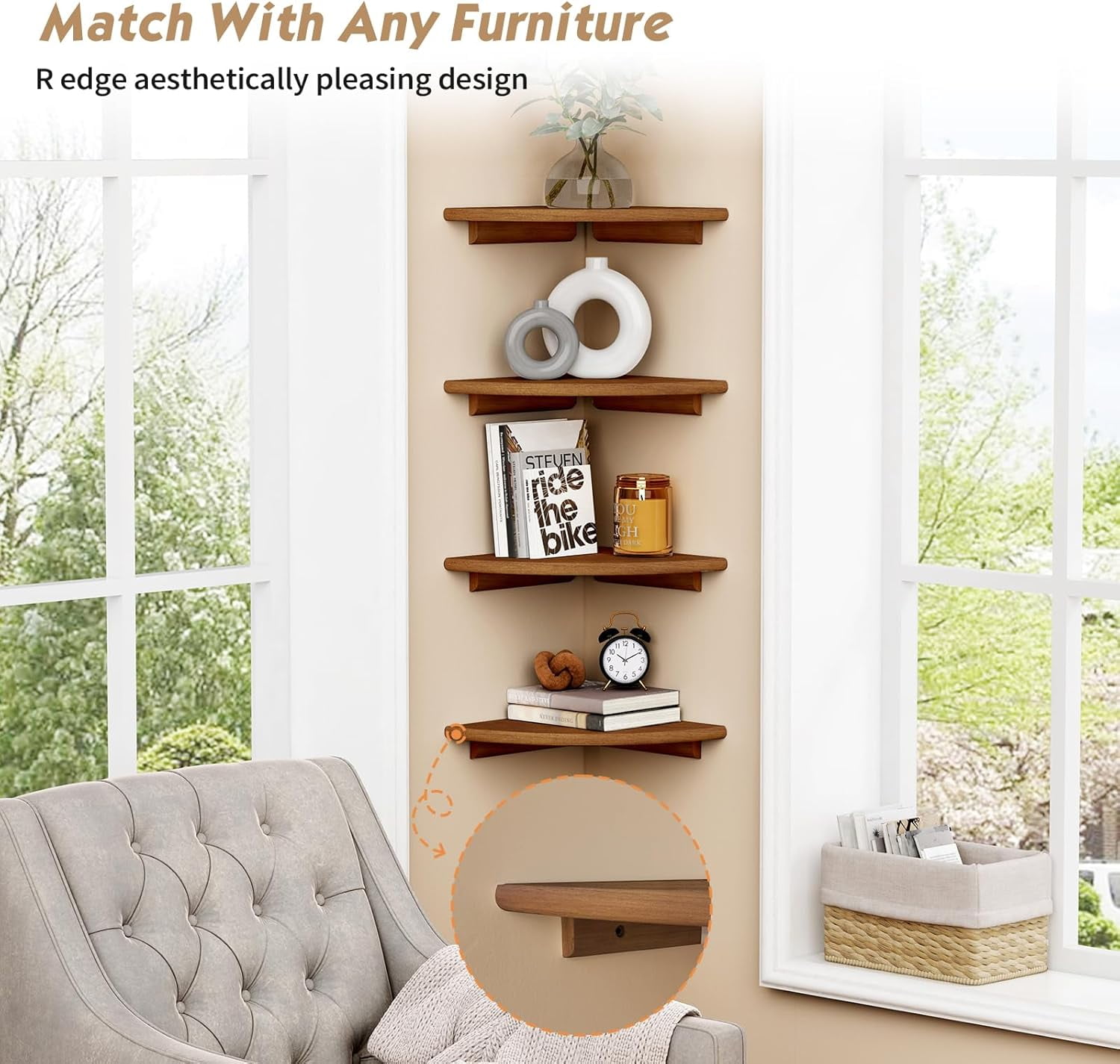 White Corner Floating Shelves for Wall Set of 4, Rounded Corner Shelves Wall Mounted for Kids Bedroom Books, Cute Wood Hanging Corner Shelf for Bathroom Decor, Living Room, Small Spaces